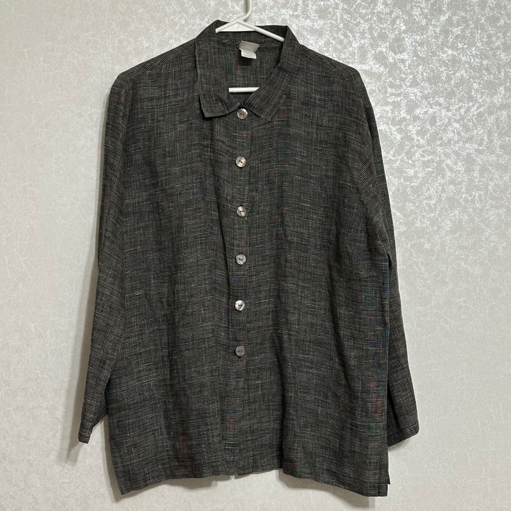 CTC Linens Button Front Shirt 100% Linen Micro Check Lagenlook Gray Vintage L
